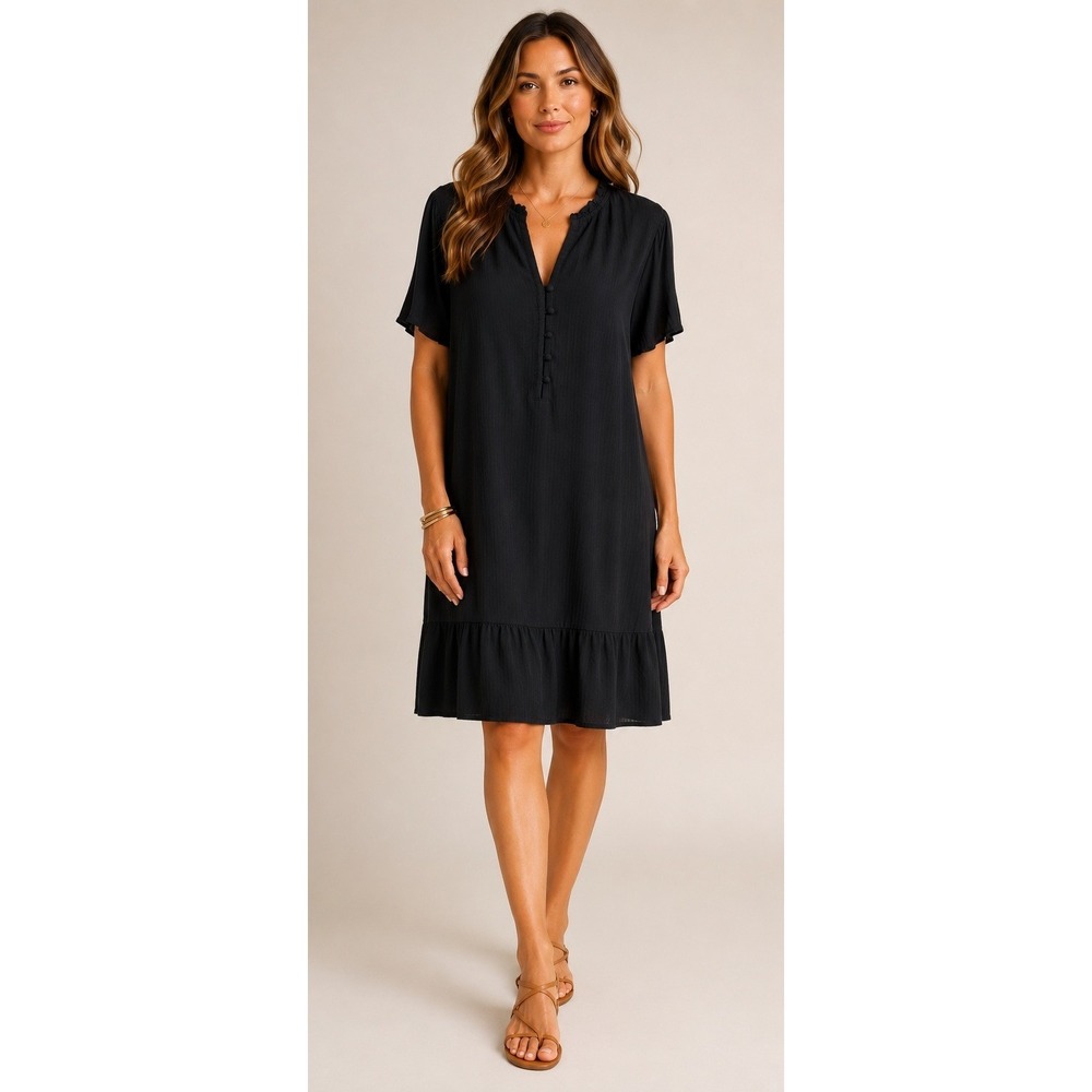 J Jill Shift Dress Women Medium Black Ruffle Neck Modal Rayon Tiered Minimalist